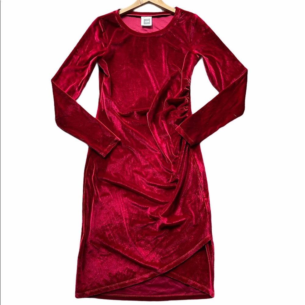 NOM Maternity Red Velvet Midi Dress